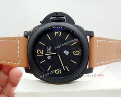 Replica Panerai Luminor Black Dial Brown Leather Strap Watch W Panerai Luminor Base Logo